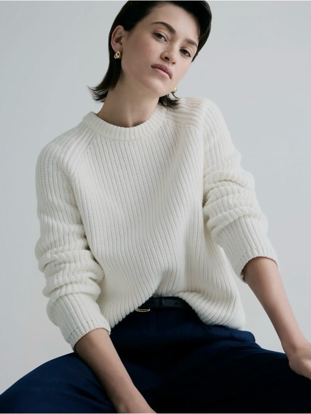 Quince 100% Organic Cotton Fisherman Cream Ribbed Crewneck Sweater Plus 1X